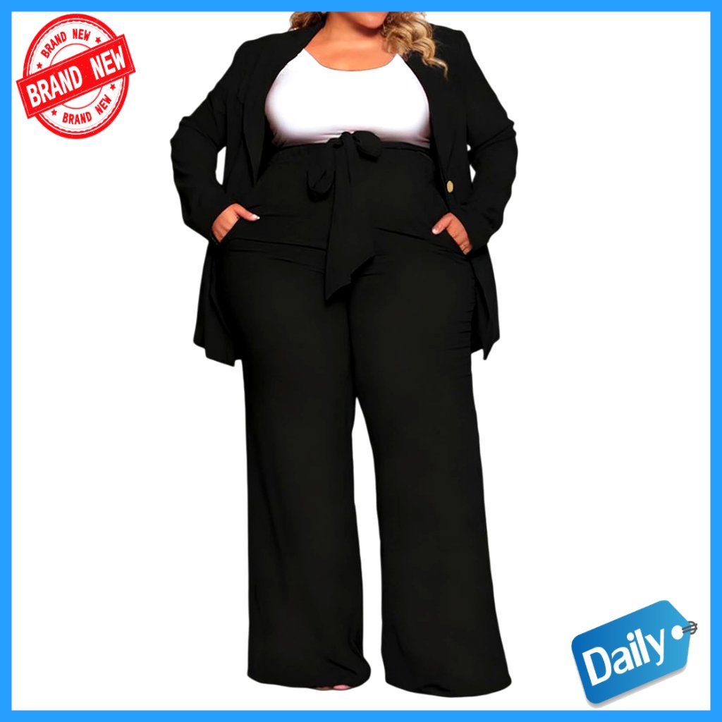 Plus Size Business Casual Suit Set Long Sleeve Blazer Elastic Waist Pants
